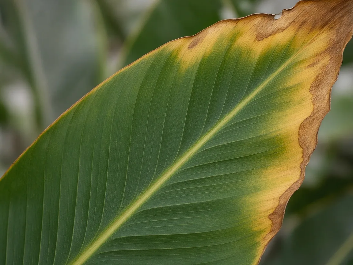 Close-up of potassium deficiency on Bird of Paradise - scorched yellow margin on older paddle leaf