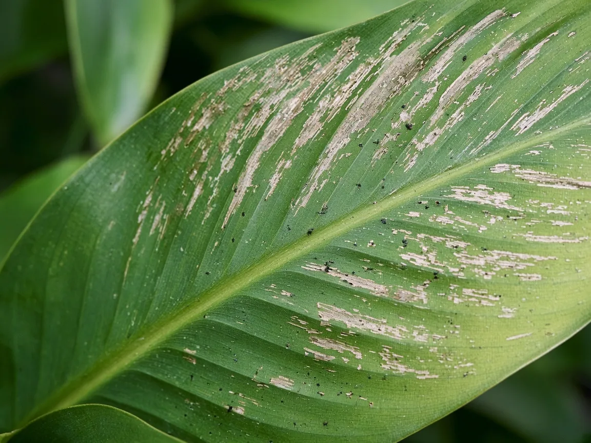 Close-up of thrips damage on Bird of Paradise - silvery stippling on an emerging paddle leaf