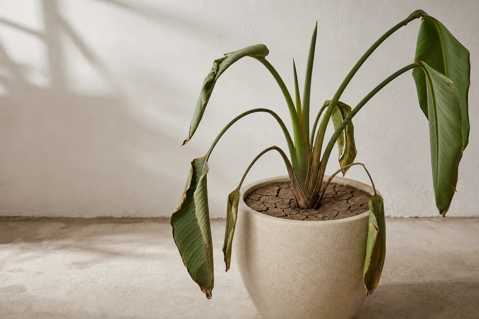 Underwatering on Bird of Paradise - visible symptom on the plant
