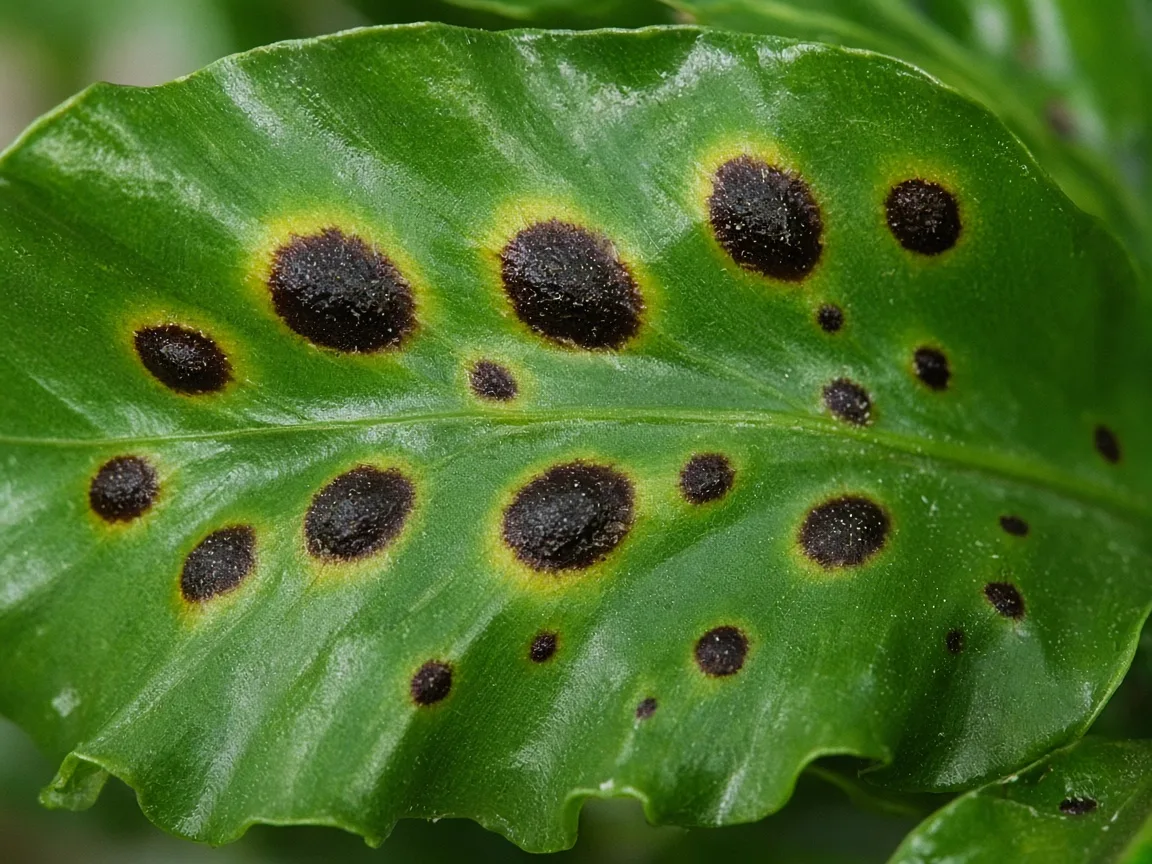 Close-up of black spots on Bird's Nest Fern glossy fronds showing dark lesions with yellow halos