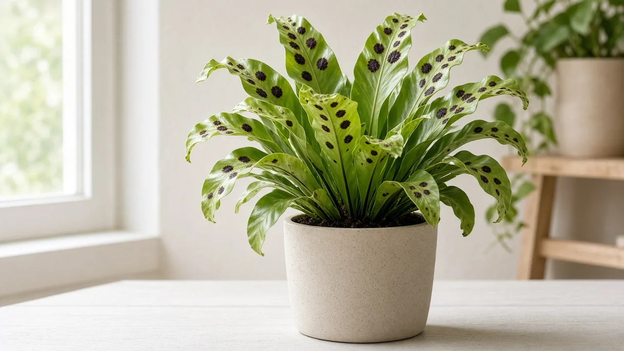 Black Spots on Bird's Nest Fern - dark lesions on glossy rosette fronds