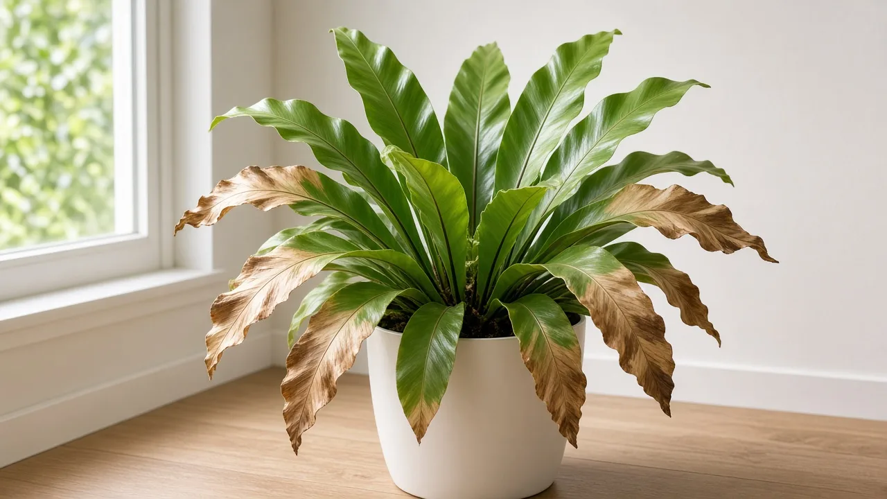 Brown Leaves on Bird's Nest Fern - lower fronds with tan-brown drying on strap-shaped leaves in a rosette