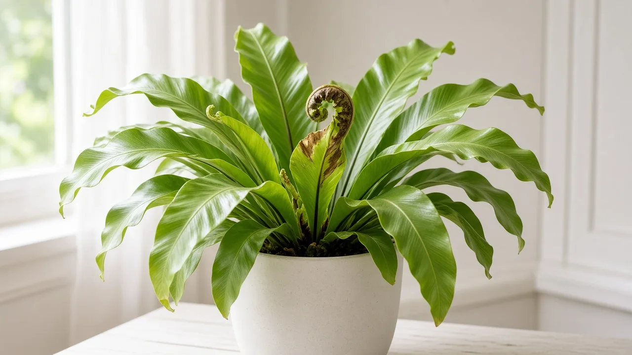 Calcium deficiency on Bird's Nest Fern - brown necrotic margin on newest central unfurling fiddlehead
