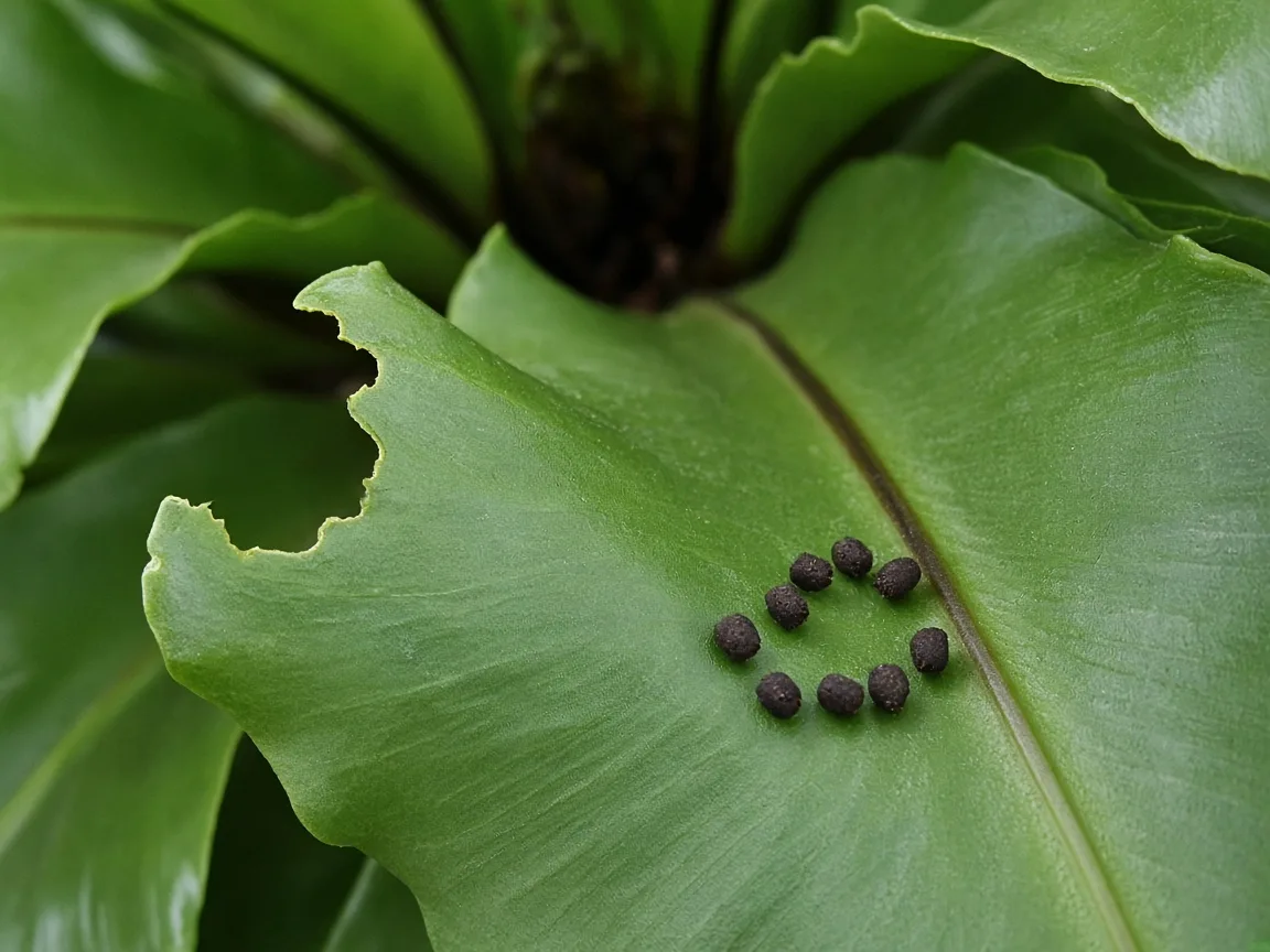 Close-up of caterpillar chew damage on Bird's Nest Fern strap fronds