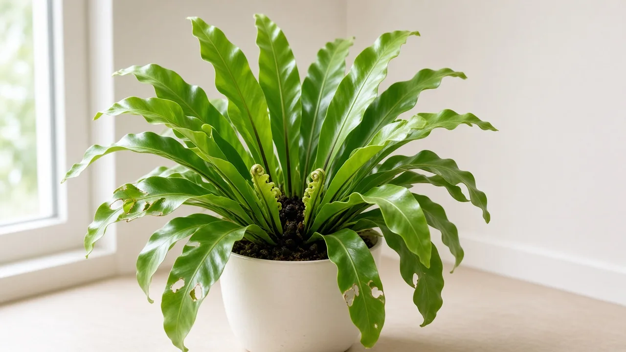 Caterpillars on Bird's Nest Fern - ragged chew on glossy undivided strap fronds with dark frass in the rosette funnel
