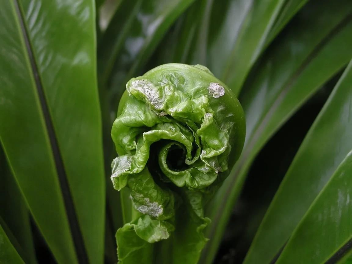 Close-up of distorted leaves on Bird's Nest Fern - puckered nest fiddlehead