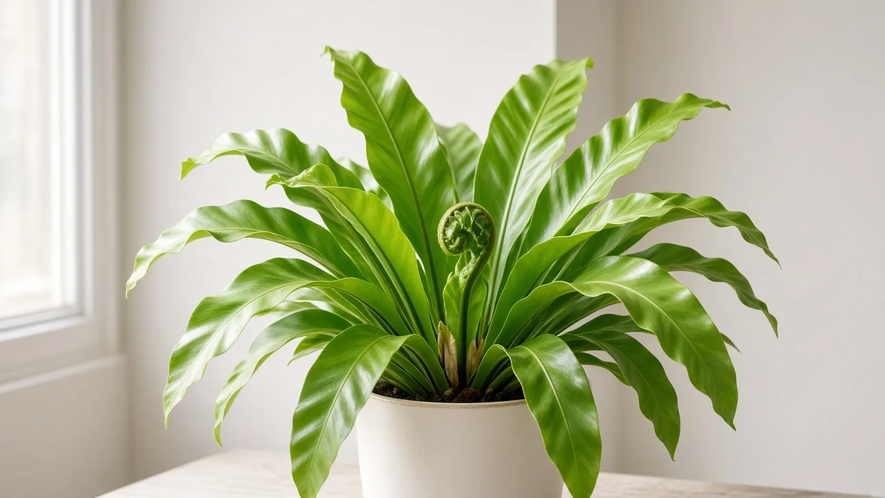 Distorted leaves on Bird's Nest Fern - puckered emerging frond in the central nest rosette