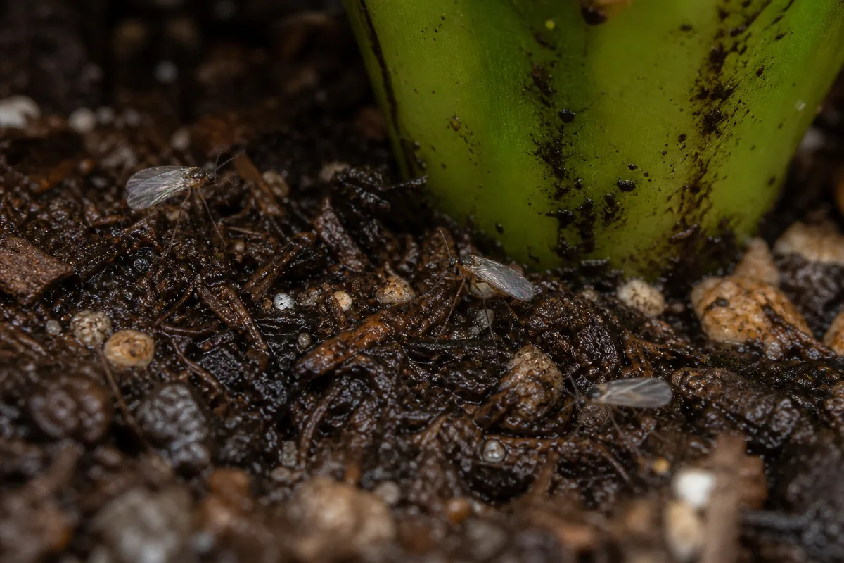 Close-up of Fungus Gnats on Bird's Nest Fern - diagnostic detail