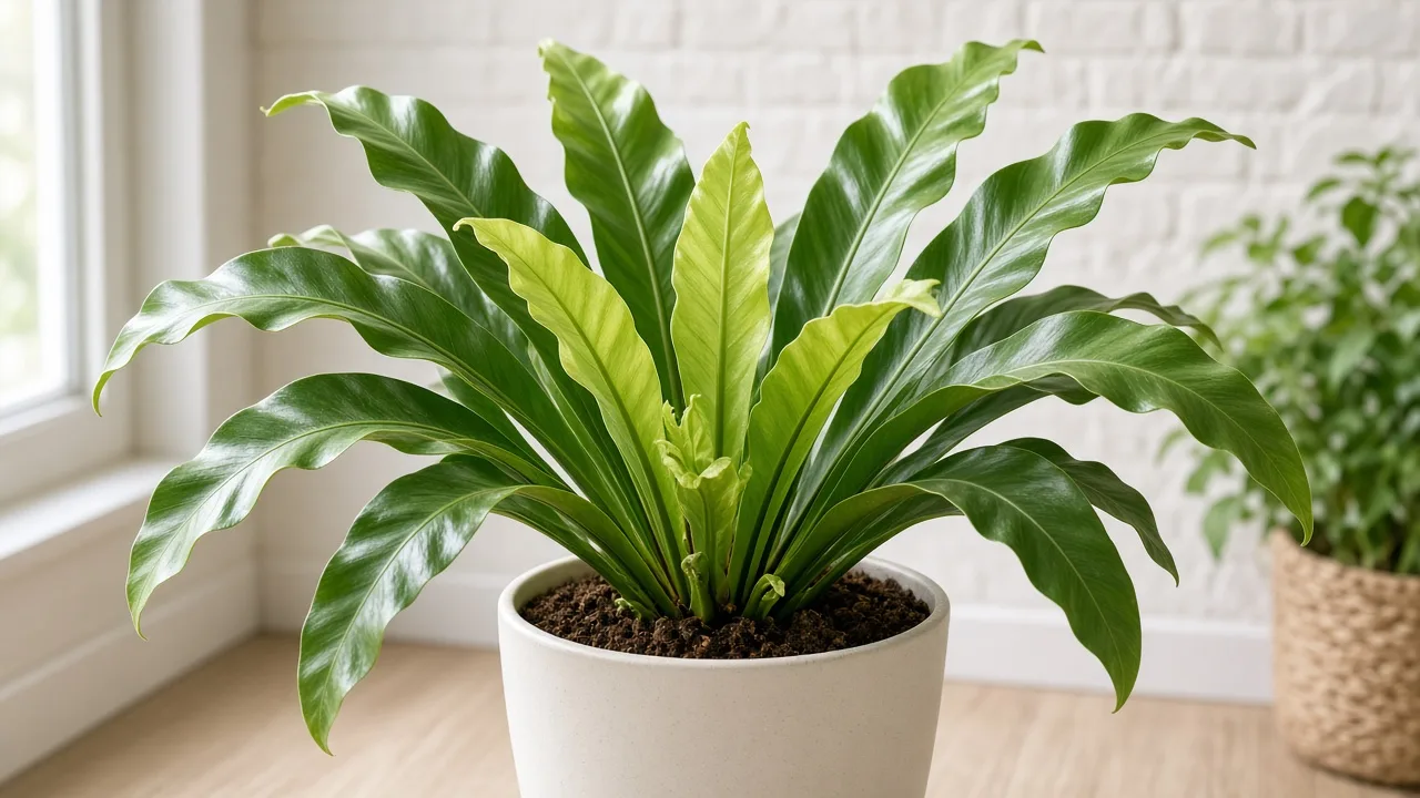 Iron deficiency on Bird's Nest Fern - pale new strap fronds with green veins in the central rosette