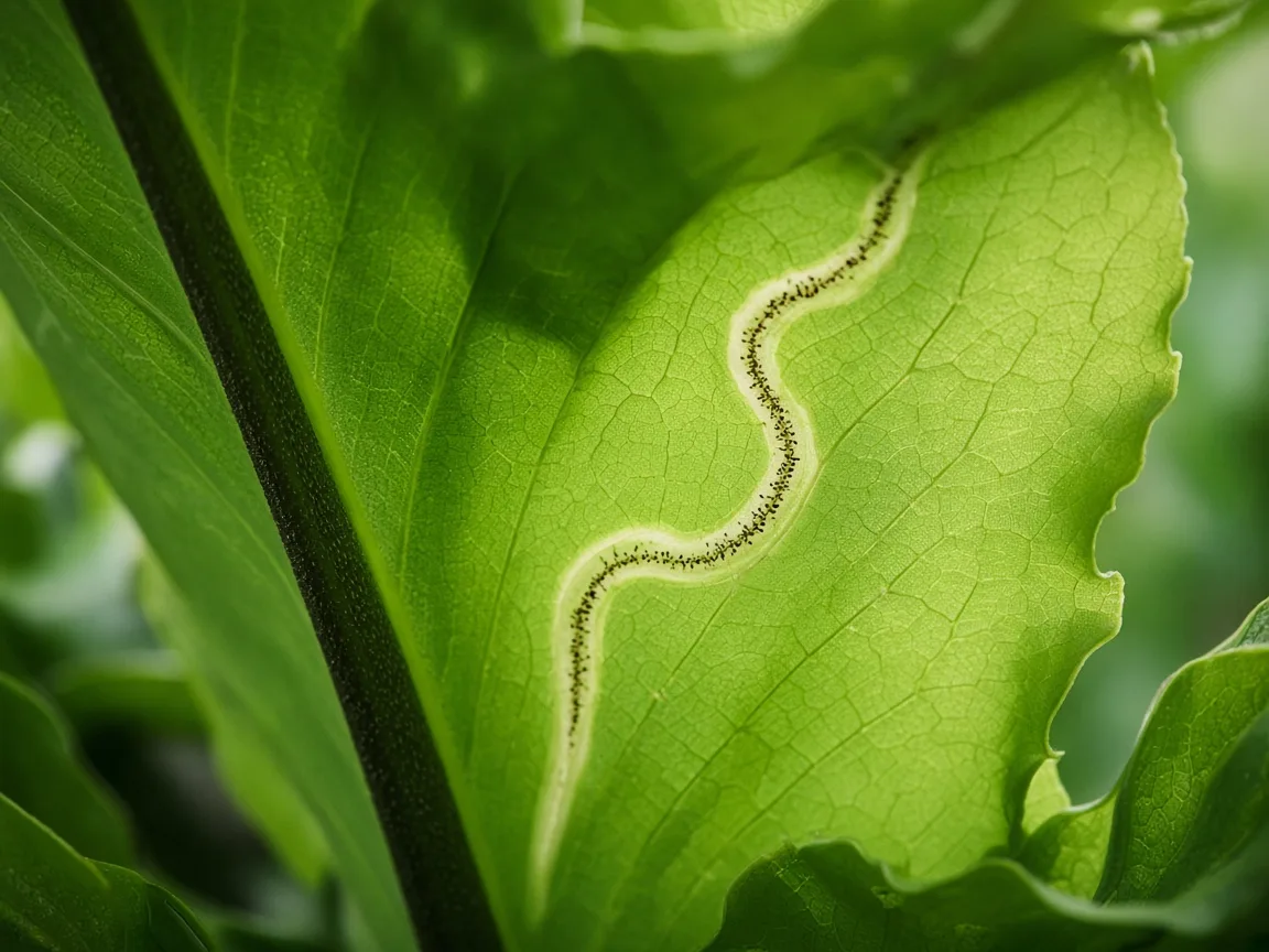 Close-up of leaf miner serpentine tunnel inside a broad Bird's Nest Fern frond