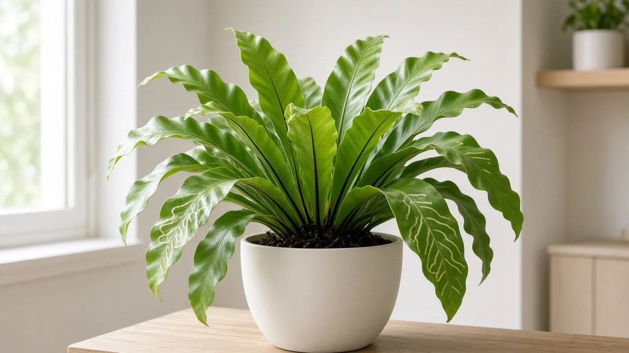 Leaf miners on Bird's Nest Fern - pale serpentine tunnels on broad wavy Asplenium nidus fronds in a nest rosette