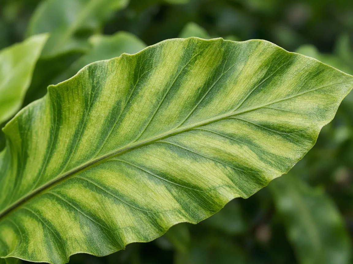 Close-up of magnesium deficiency on Bird's Nest Fern - interveinal chlorosis on older wavy frond