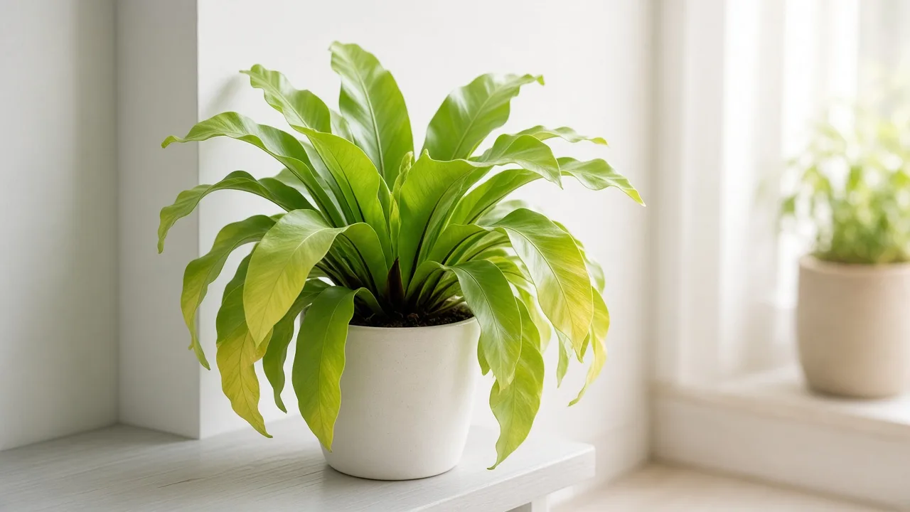 Magnesium deficiency on Bird's Nest Fern - yellow between green veins on older wavy outer fronds