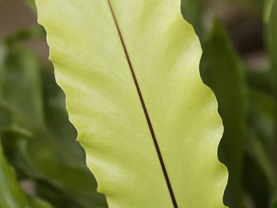 Close-up of nitrogen deficiency on Bird's Nest Fern - uniform pale yellow-green on older wavy outer frond