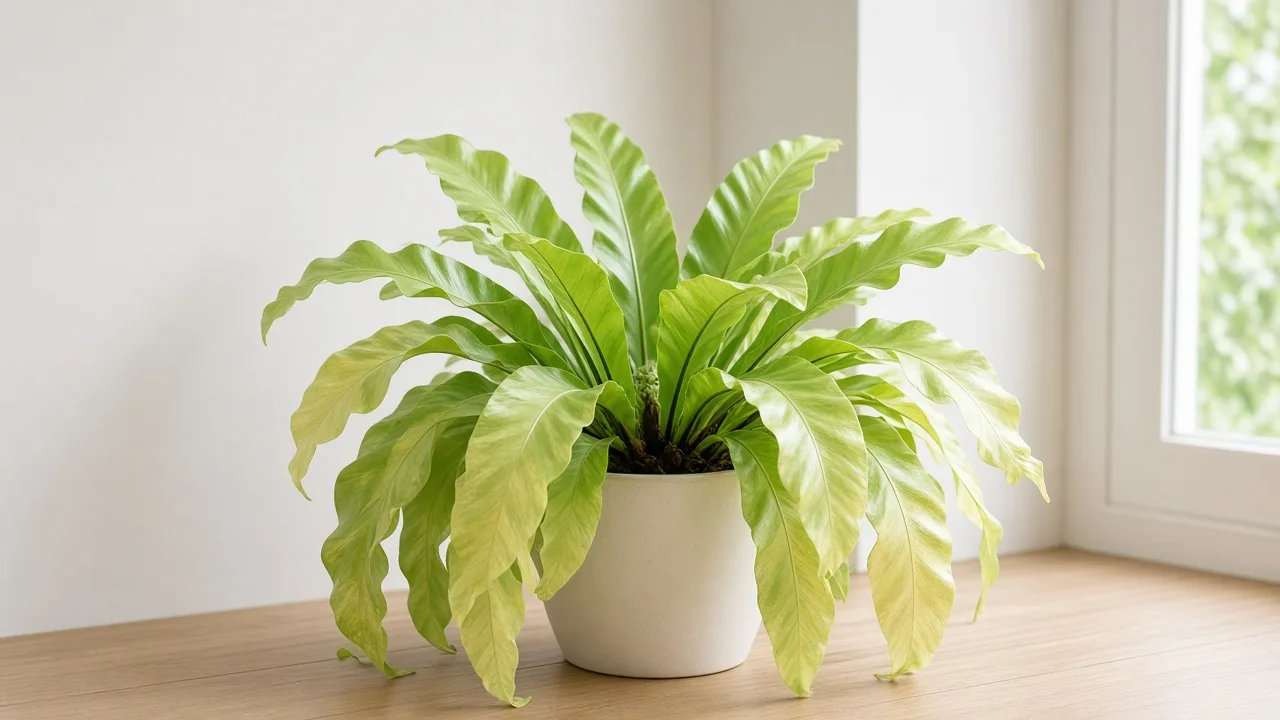 Nitrogen deficiency on Bird's Nest Fern - oldest outer wavy fronds uniformly pale yellow-green around the rosette rim