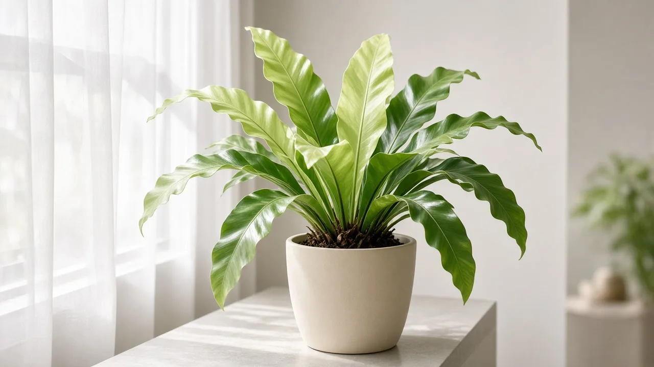 Pale leaves on Bird's Nest Fern - washed-out lime-green strap fronds in a central rosette