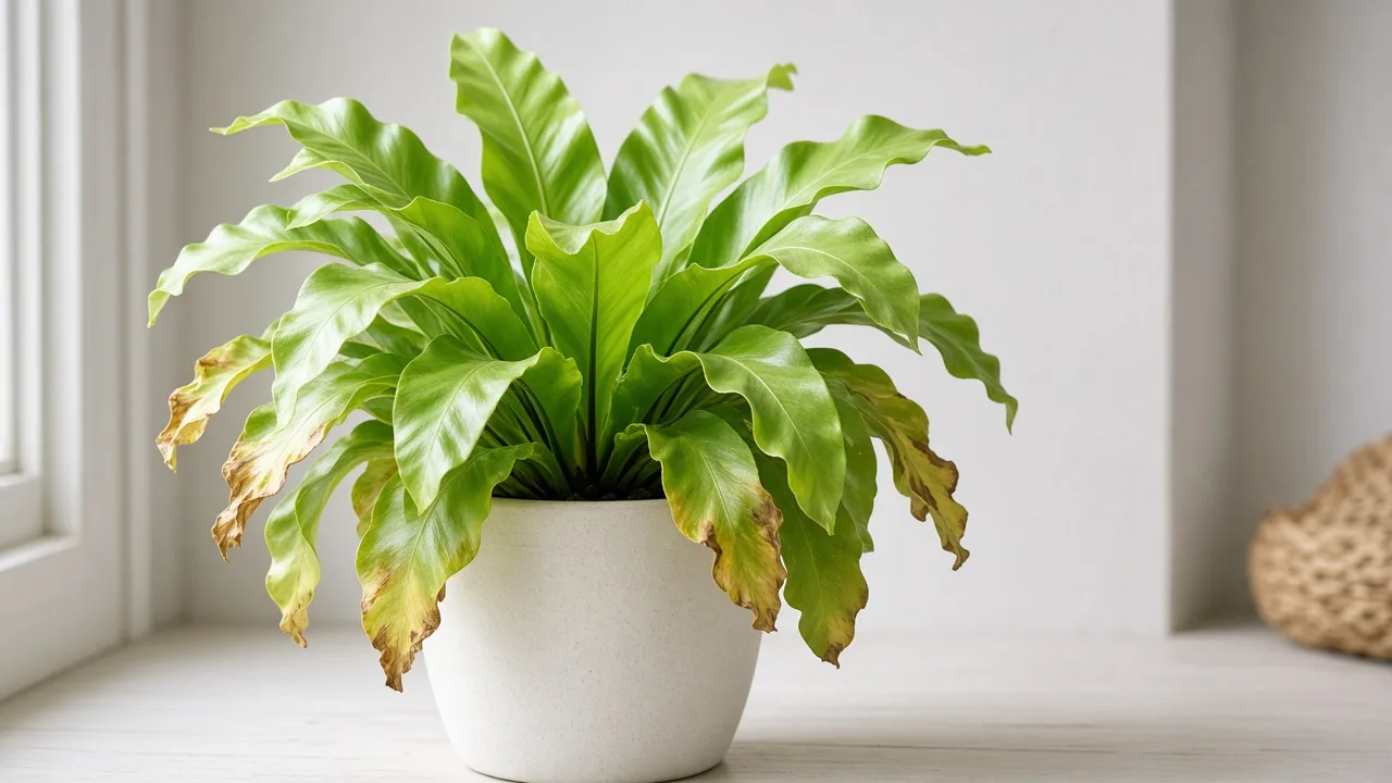 Potassium deficiency on Bird's Nest Fern - brown scorch along wavy margins of older outer strap fronds