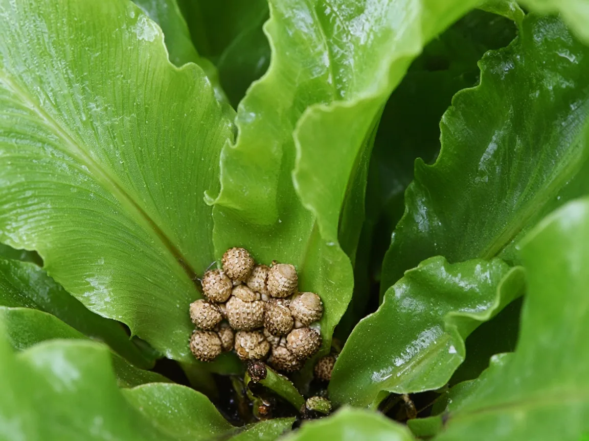 Close-up of scale insect shells on Bird's Nest Fern frond bases at the nest cup