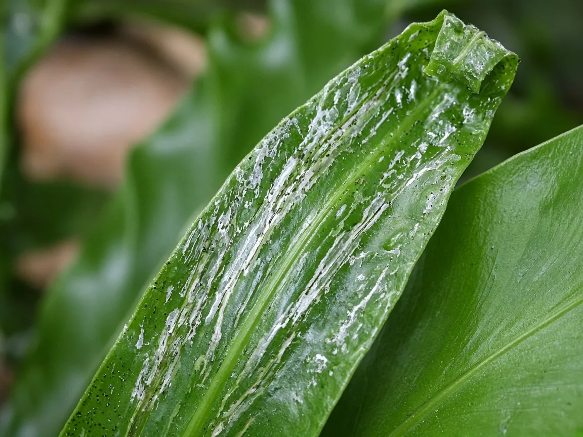 Close-up of thrips damage on Bird's Nest Fern - silvery streaks and black frass specks on a glossy young frond