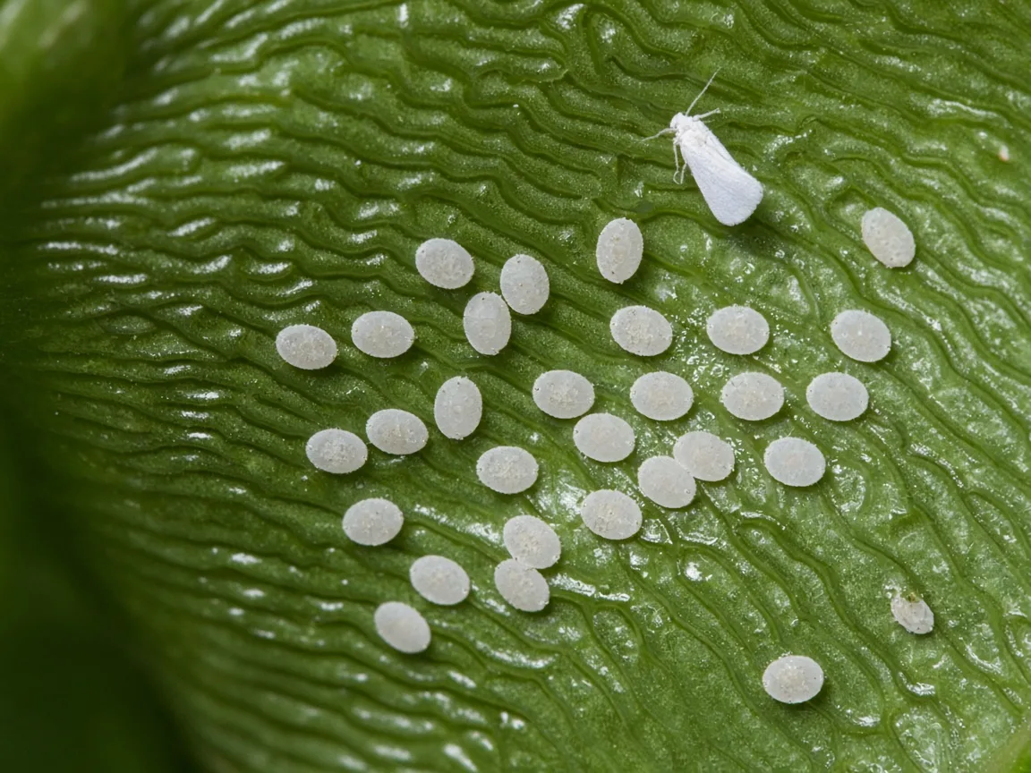 Close-up of whitefly nymph disks on the underside of a Bird's Nest Fern frond