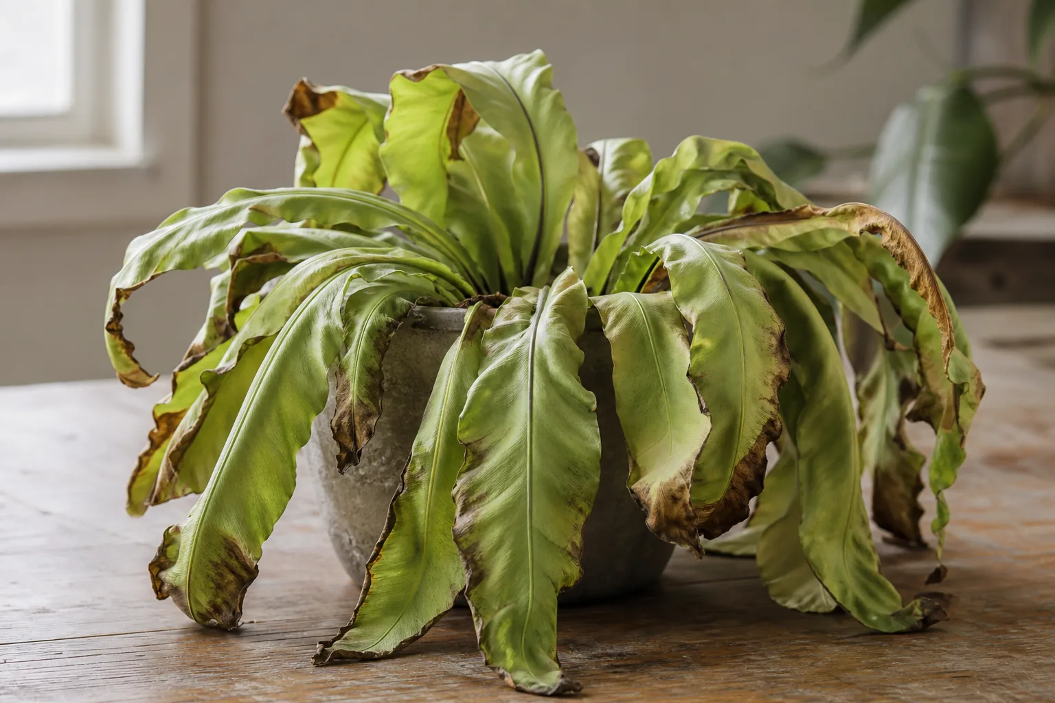 Wilting on Bird's Nest Fern - visible symptom on the plant