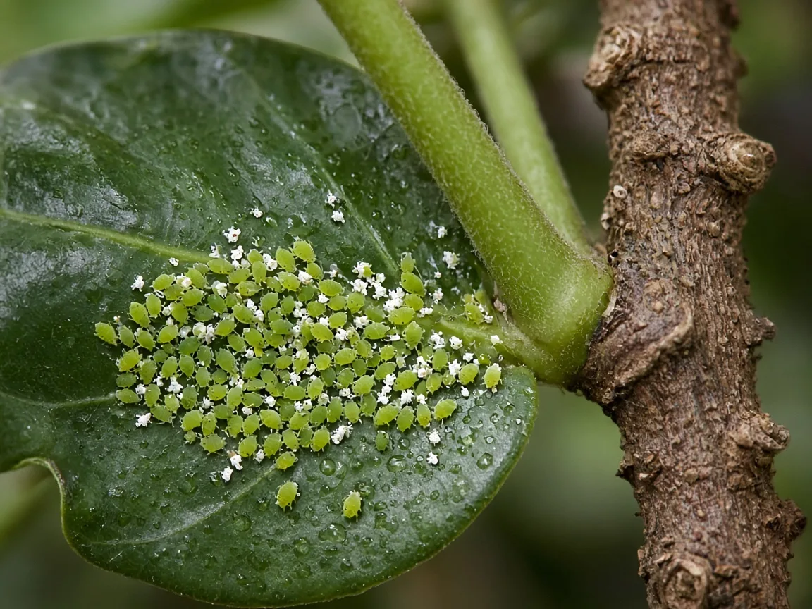 Close-up of aphids on Black Pepper - diagnostic detail on vine tip and leaf axil