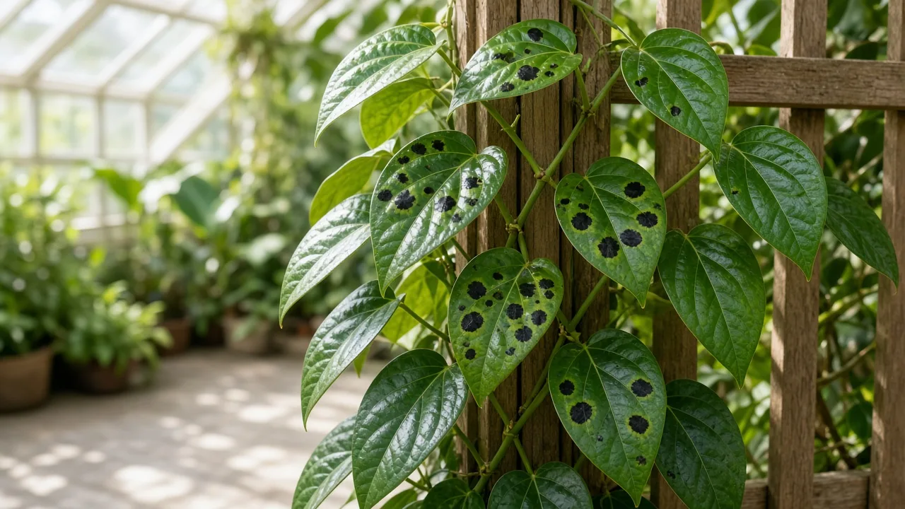 Black Spots on Black Pepper - anthracnose lesions on glossy Piper nigrum vine leaves