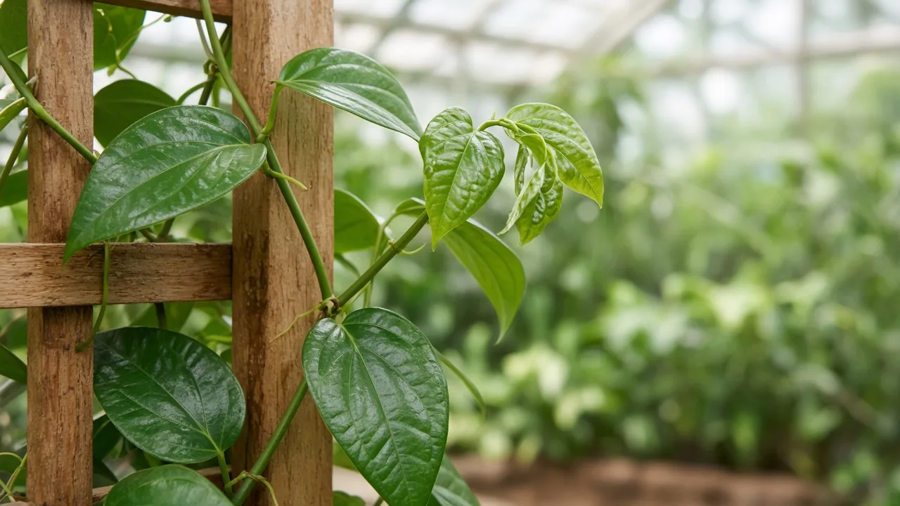 Distorted leaves on Black Pepper - twisted glossy foliage on climbing pepper vine