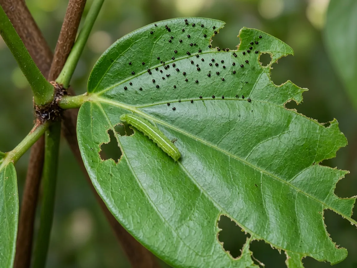 Close-up of holes in leaves on Black Pepper - irregular chew through a glossy Piper nigrum blade