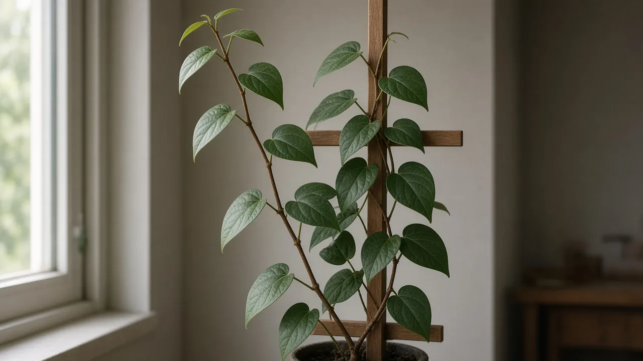 Leggy growth on Black Pepper - thin Piper nigrum vine with long bare stem gaps and small leaves leaning toward a window