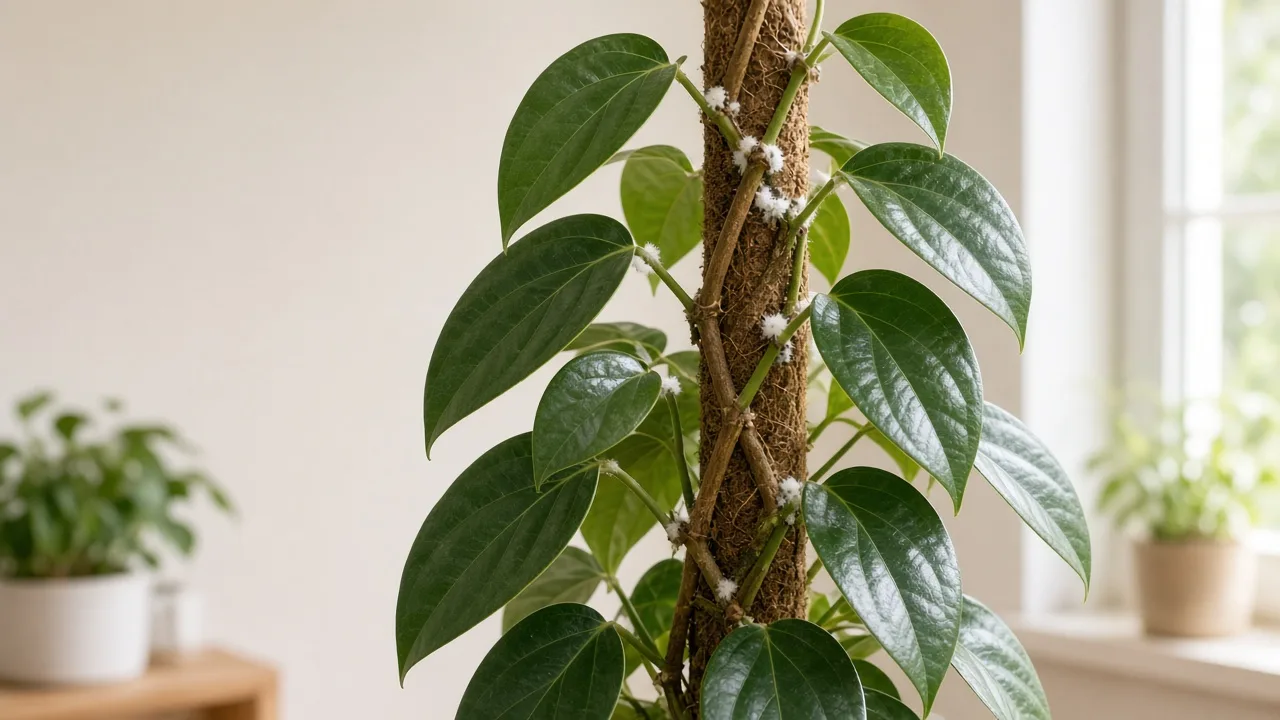 Mealybugs on Black Pepper - white cottony clusters in leaf axils along a climbing pepper vine
