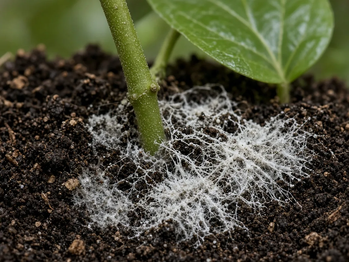 Close-up of mold on soil on Black Pepper - white fuzzy mycelium on damp compost-rich mix at the vine base