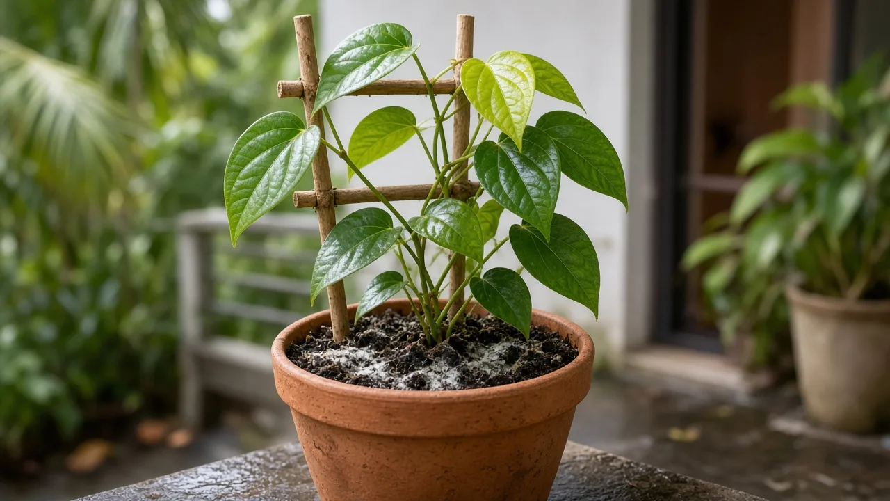 Mold on soil on Black Pepper - white fuzzy growth on moist compost-rich mix at the base of a supported Piper nigrum vine