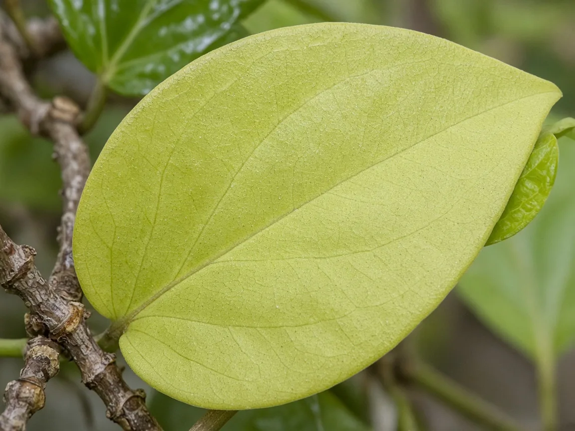 Close-up of nitrogen deficiency on Black Pepper - uniform pale yellow-green on oldest glossy oval leaf