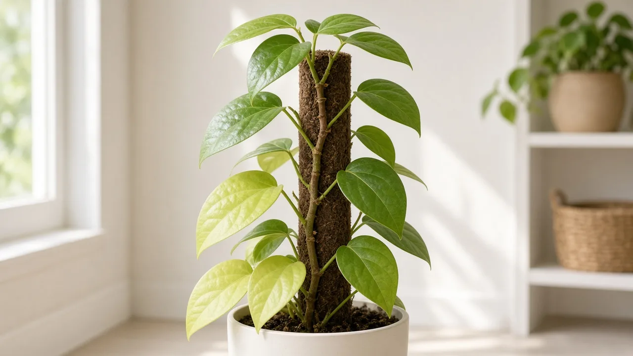 Nitrogen deficiency on Black Pepper - oldest glossy oval leaves uniformly pale yellow-green along the lower woody climbing stem