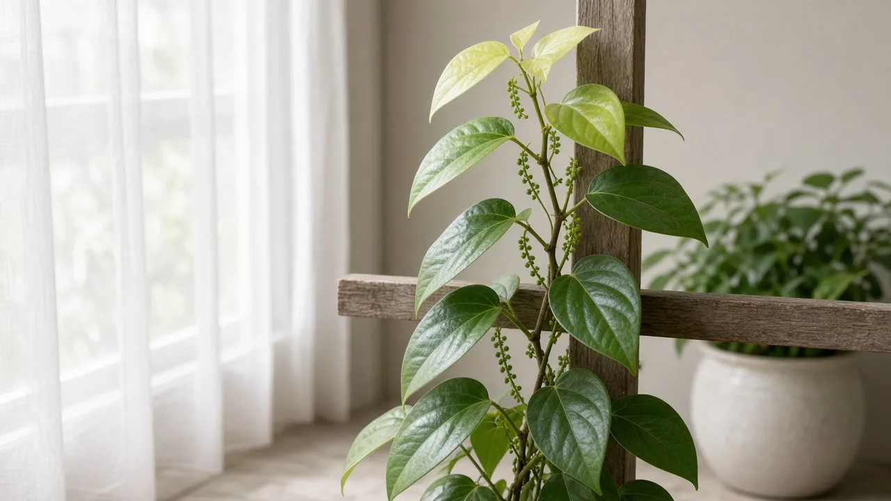Pale leaves on Black Pepper vine — washed-out yellow-green oval foliage on a trellis-supported climber