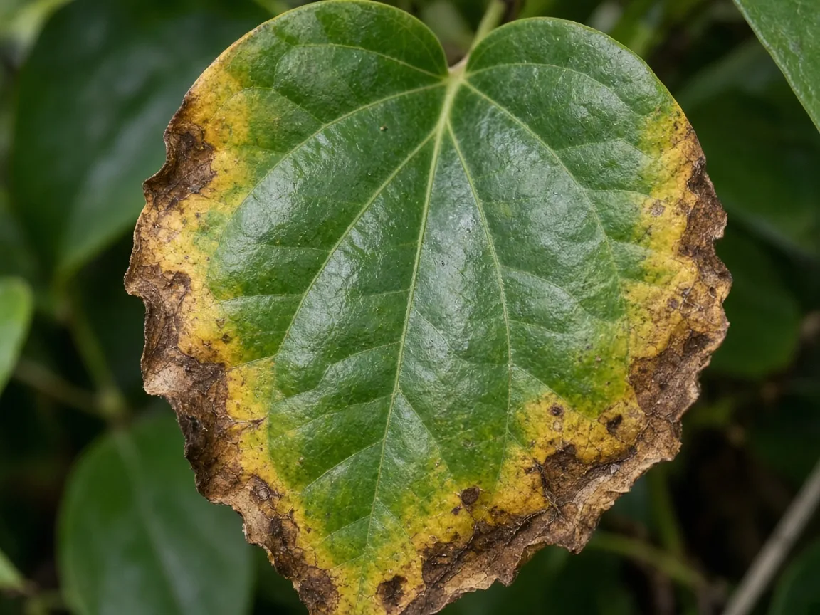 Close-up of potassium deficiency on Black Pepper - scorched yellow margin on older glossy cordate leaf