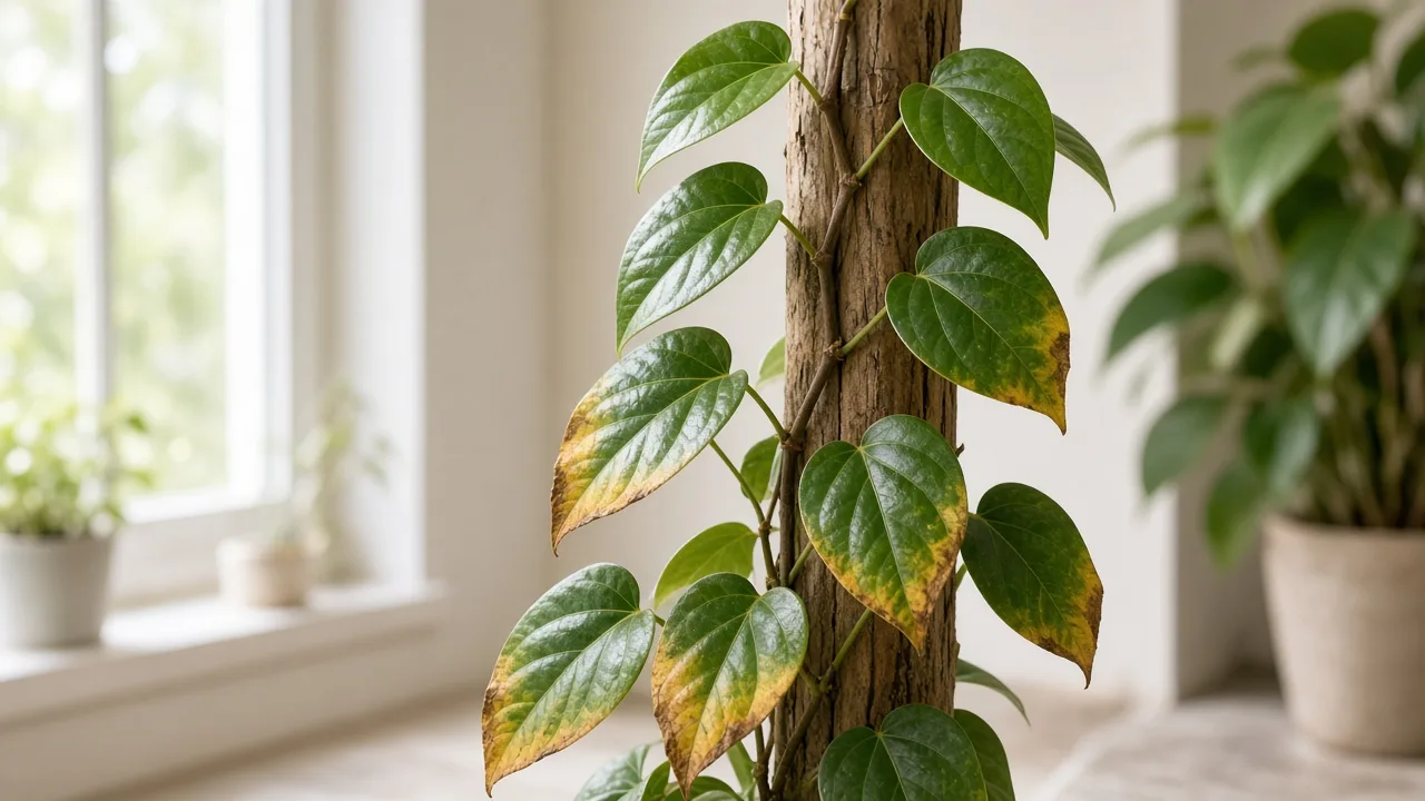 Potassium deficiency on Black Pepper - scorched yellow margins on older glossy cordate vine leaves