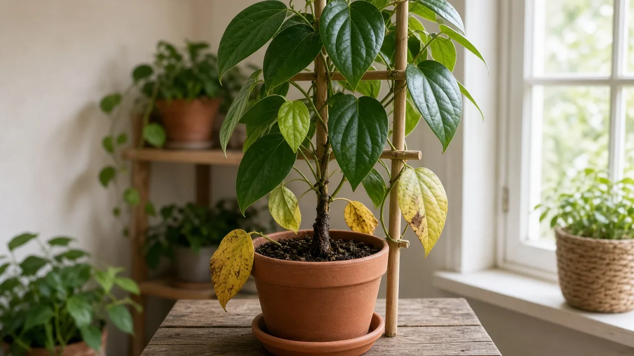 Root rot on Black Pepper - yellowing lower leaves on a wet pot with a climbing pepper vine on a support