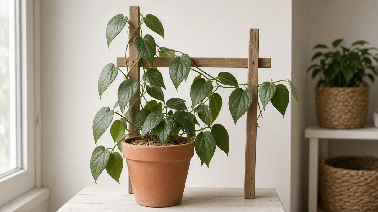 Underwatering on Black Pepper - dull limp glossy leaves on a light dry pot beside a climbing trellis in bright filtered light