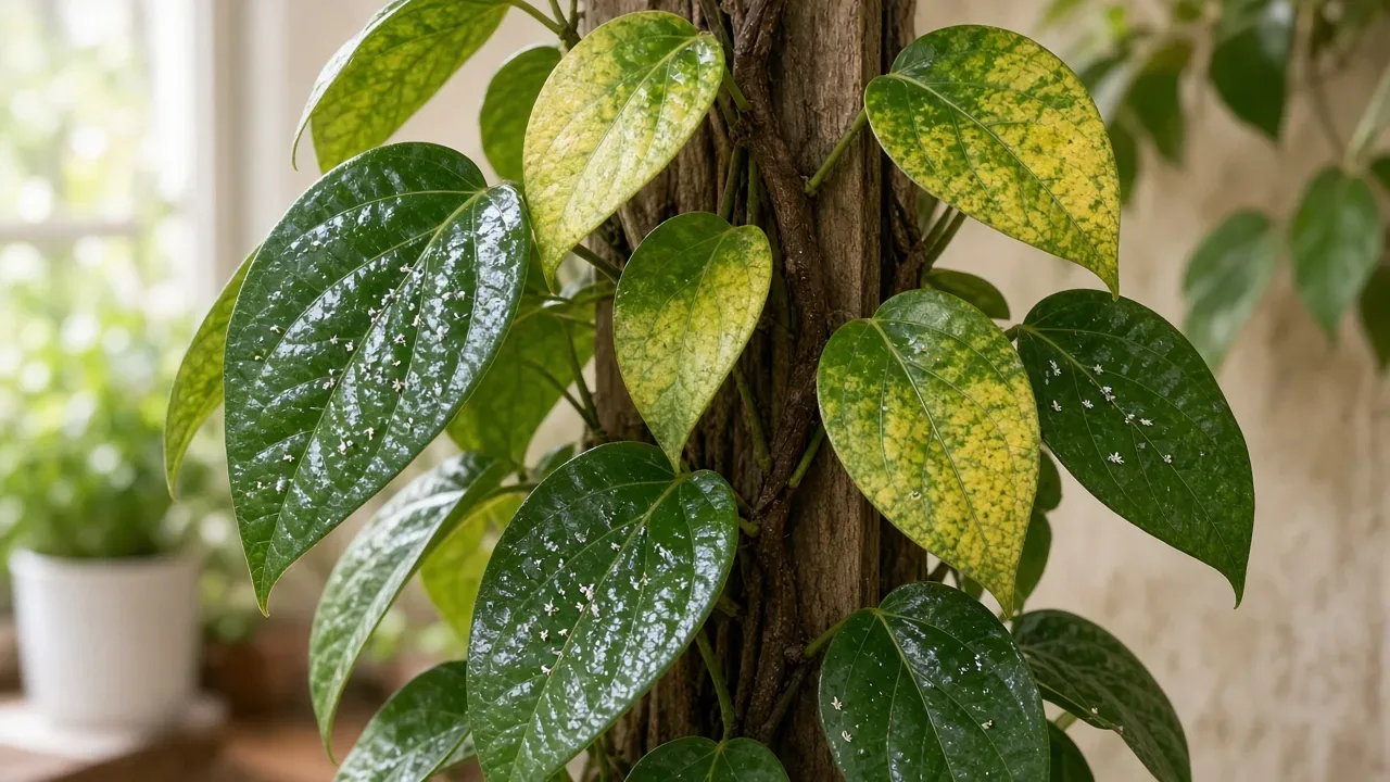 Whiteflies on Black Pepper - tiny white insects on glossy leaf undersides along a climbing pepper vine on a trellis