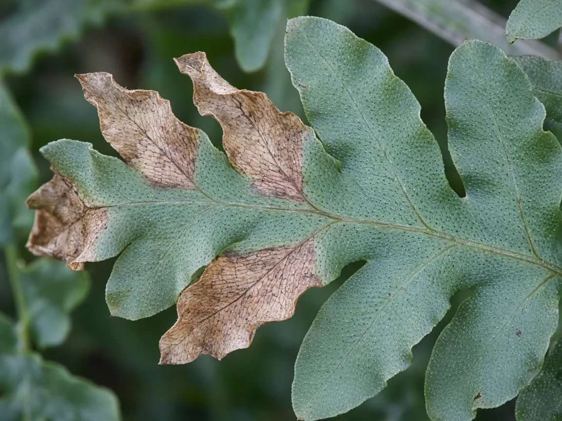 Close-up of Brown Leaves on Blue Star Fern - diagnostic detail
