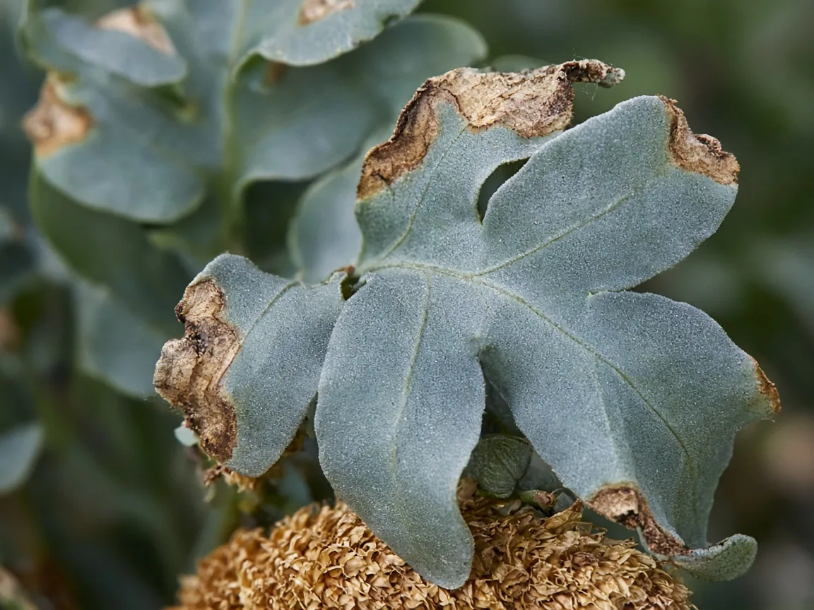 Close-up of calcium deficiency on Blue Star Fern - brown necrotic margin on newest unfurling lobed frond