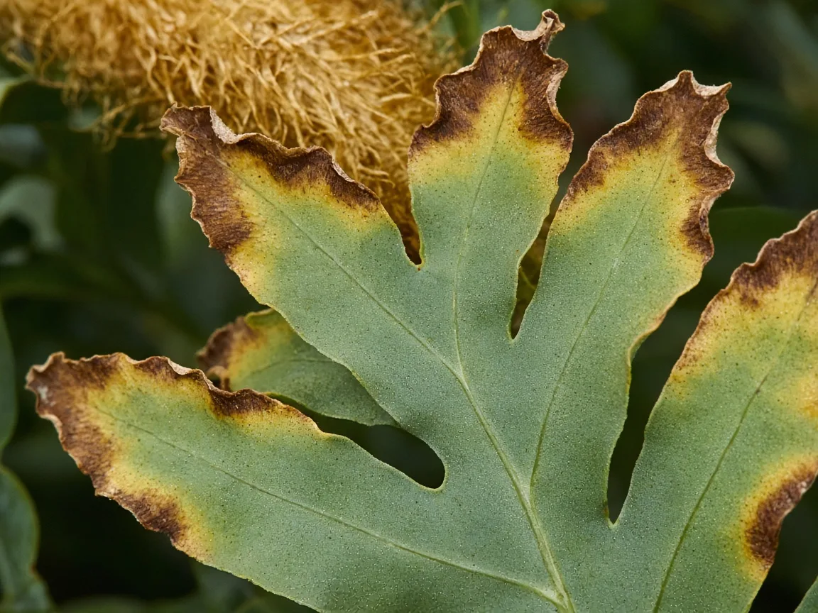 Close-up of potassium deficiency on Blue Star Fern - brown scorch along lobed frond margin