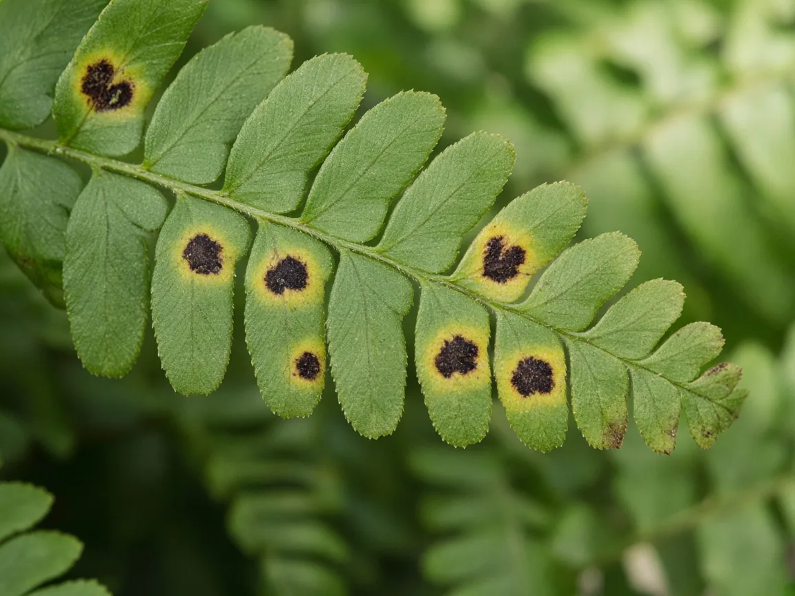 Close-up of black spots on Boston Fern pinnae showing dark lesions with yellow halos