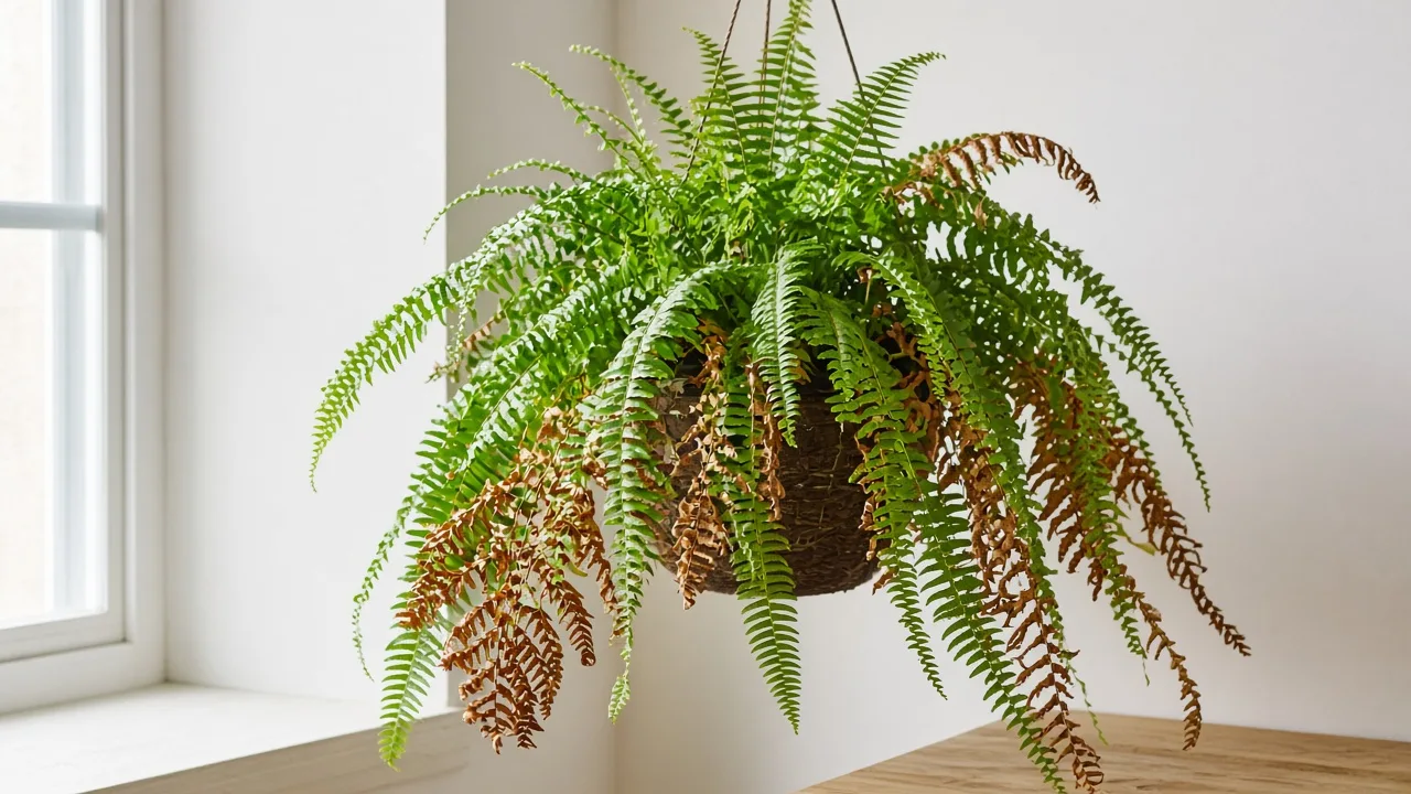 Brown Leaves on Boston Fern - arching fronds with tan-brown dried pinnae in a hanging basket