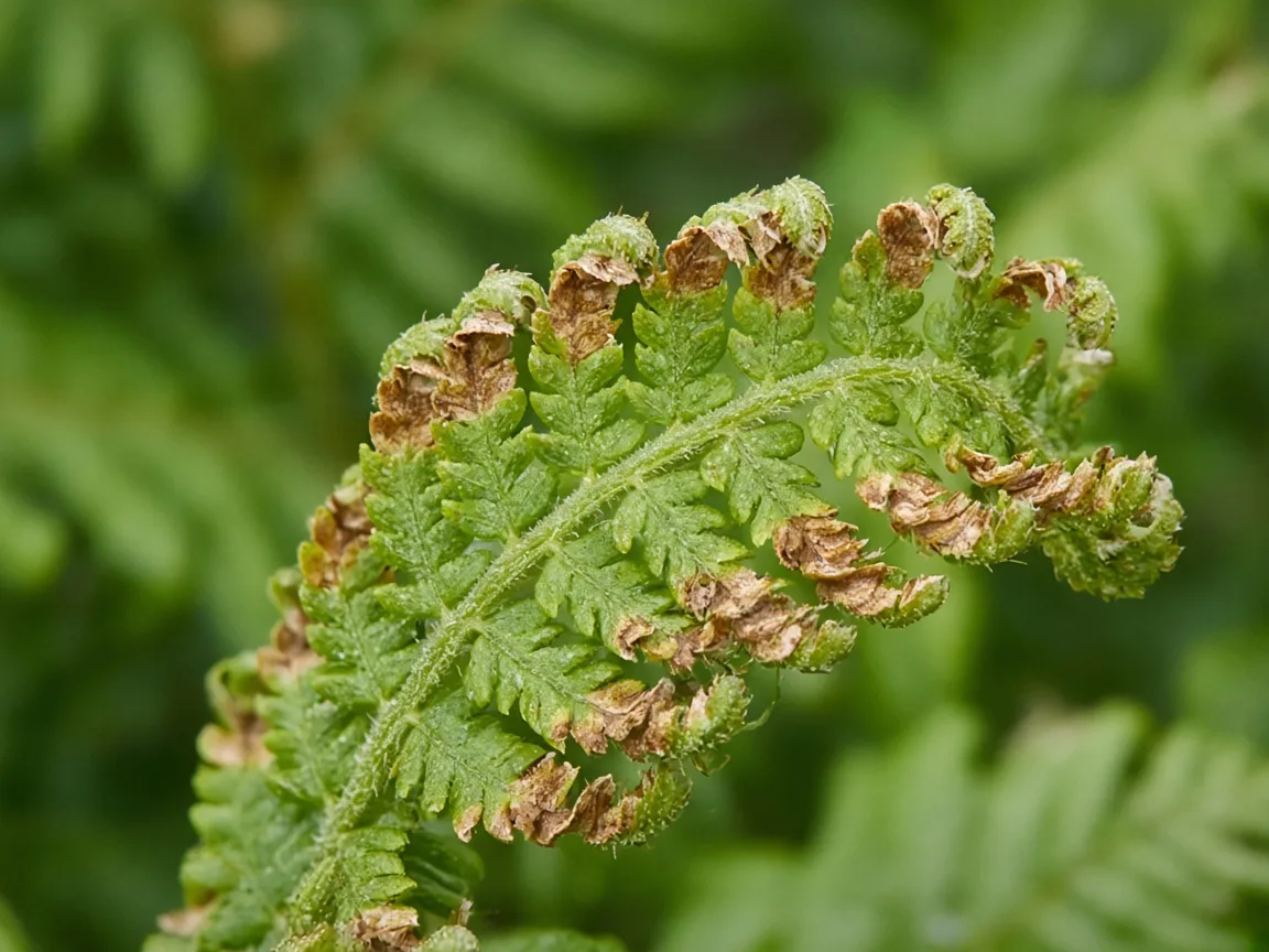 Close-up of calcium deficiency on Boston Fern - brown necrotic margin on newest unfurling pinnae