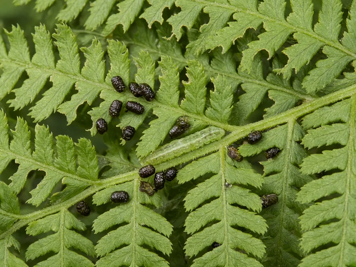 Close-up of caterpillar chew damage on Boston Fern pinnae