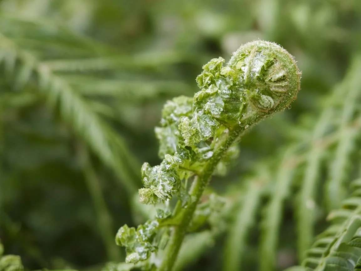 Close-up of distorted leaves on Boston Fern - puckered pinnae on unfurling crosier