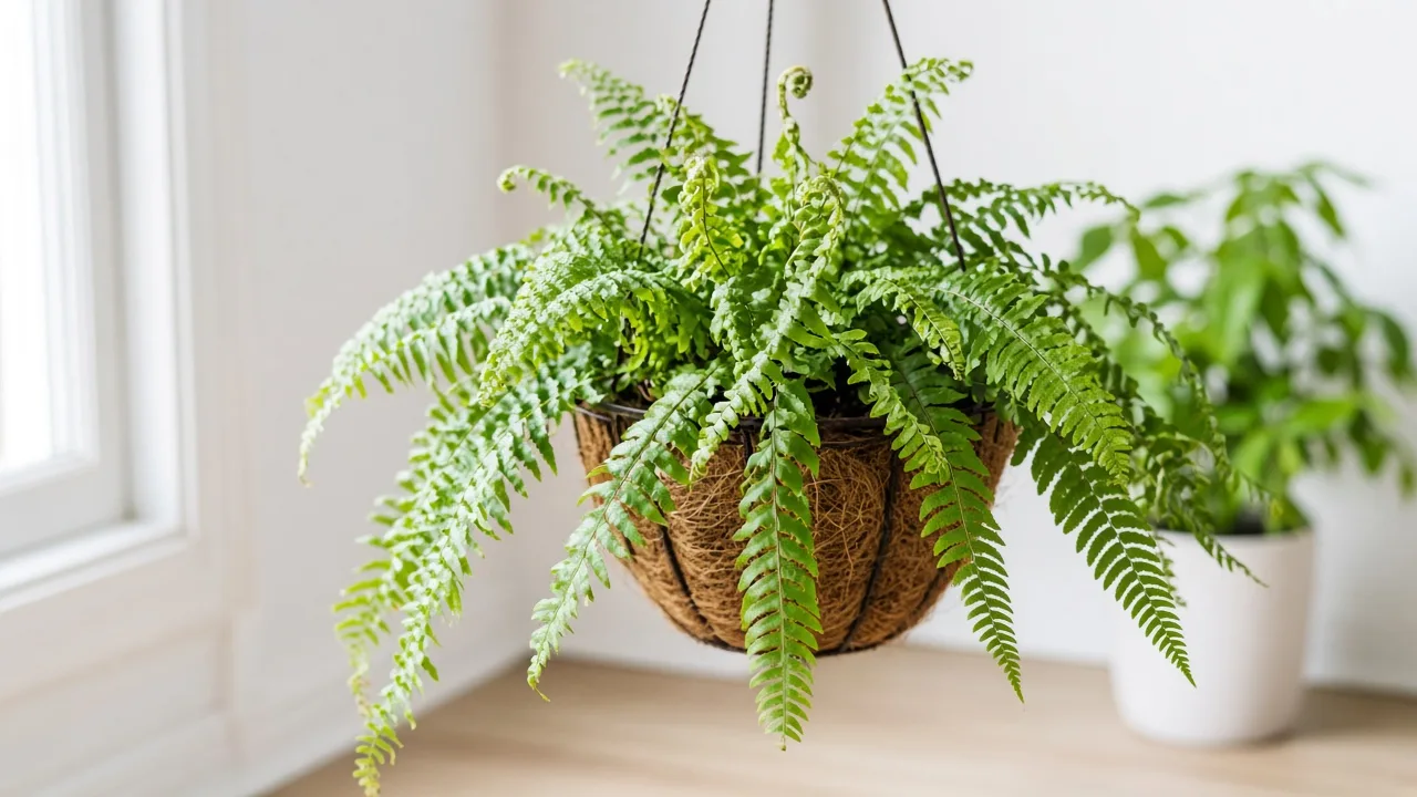Distorted leaves on Boston Fern - twisted pinnae on arching frond in hanging basket